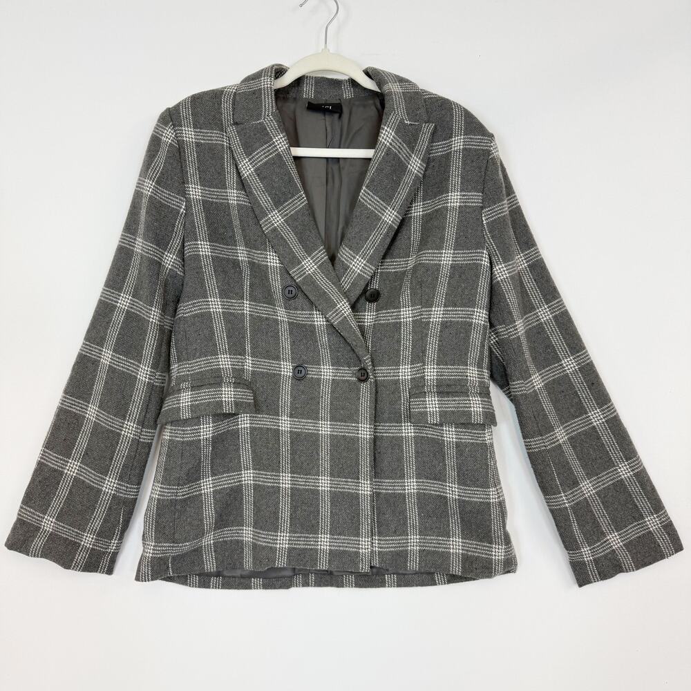 Vici Women's Double Breasted Wool Blend Gray Plaid Blazer Large